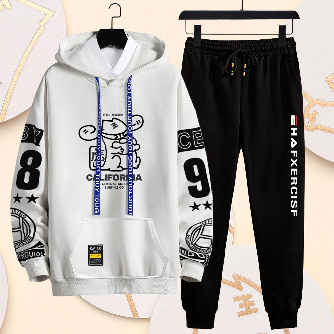 Fortune Tiger Print Teen Sweater Suit Spring Campus Sports Suit Hooded Pullover Casual Loose Clothing Men
