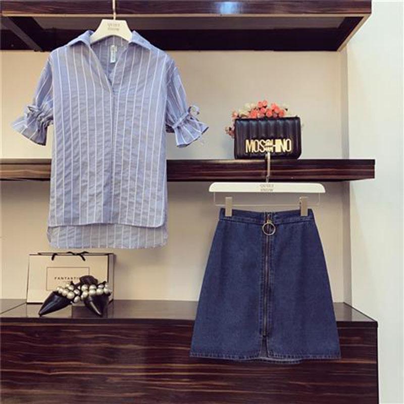 Pofulove 2 Piece Skirt Set Women Summer Half Sleeve Striped Shirt Denim Skirt Two Piece Set for Work