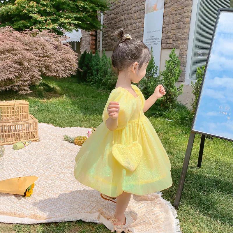 Girls Dress Summer Dress Sweet Children's Princess Dress Tutu Skirt Little Girl Skirt Puff Sleeve Square Neck Mesh Skirt