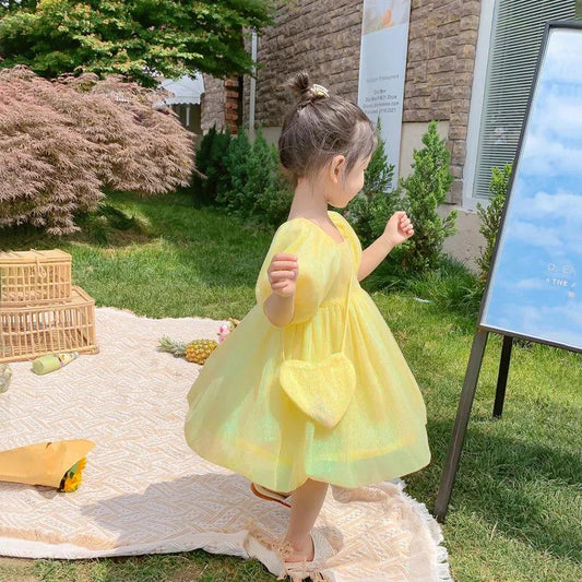 Girls Dress Summer Dress Sweet Children's Princess Dress Tutu Skirt Little Girl Skirt Puff Sleeve Square Neck Mesh Skirt