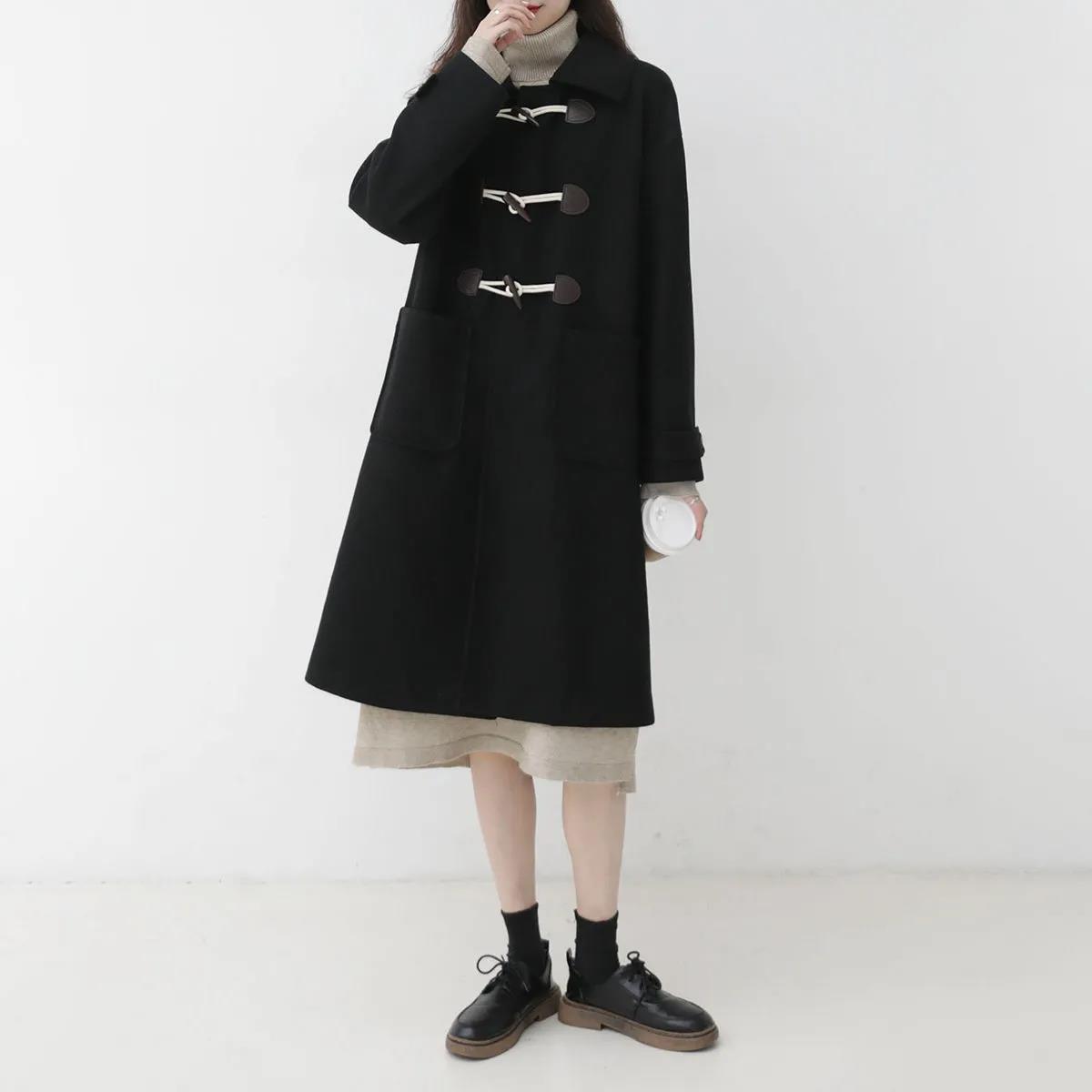 Retro Horn Button Woolen Coat Women's Mid-length 2021 Autumn and Winter Korean Style Thick Woolen Coat