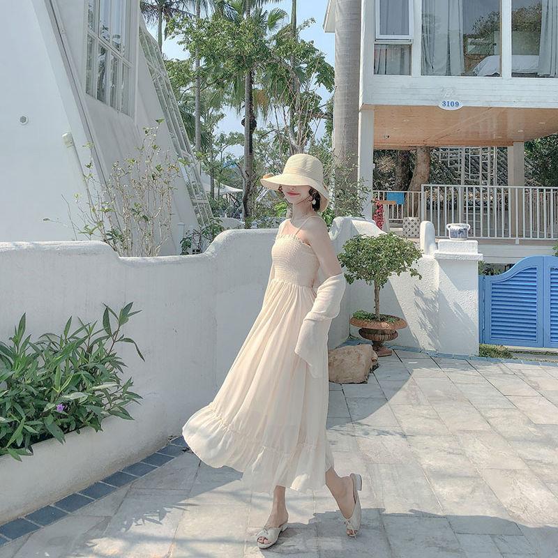 Women Sexy A-line Skirt Sling Dress Mid-length Chiffon Veil  Sleeveless Ruffled Folds Tube Top Party  Dress