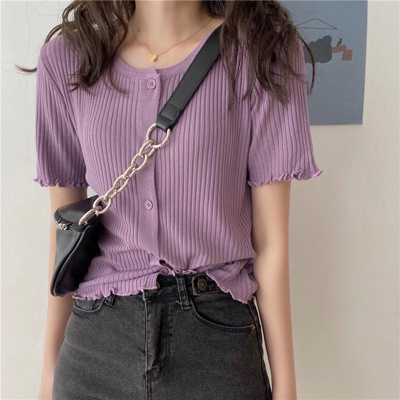 Summer and Autumn Knitted Tops Round Neck Short-sleeved Sweater Cardigan Loose Young Women's Jacket