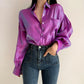 Women Lapel Long Sleeve Elegant Retro Solid Color Satin Korea Blouse