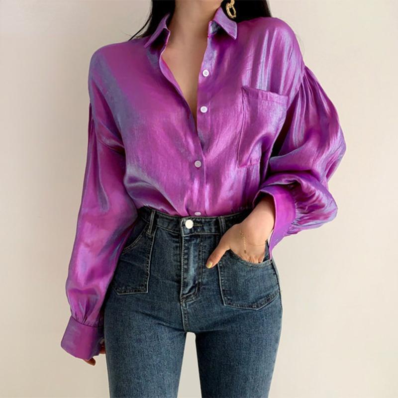 Women Lapel Long Sleeve Elegant Retro Solid Color Satin Korea Blouse