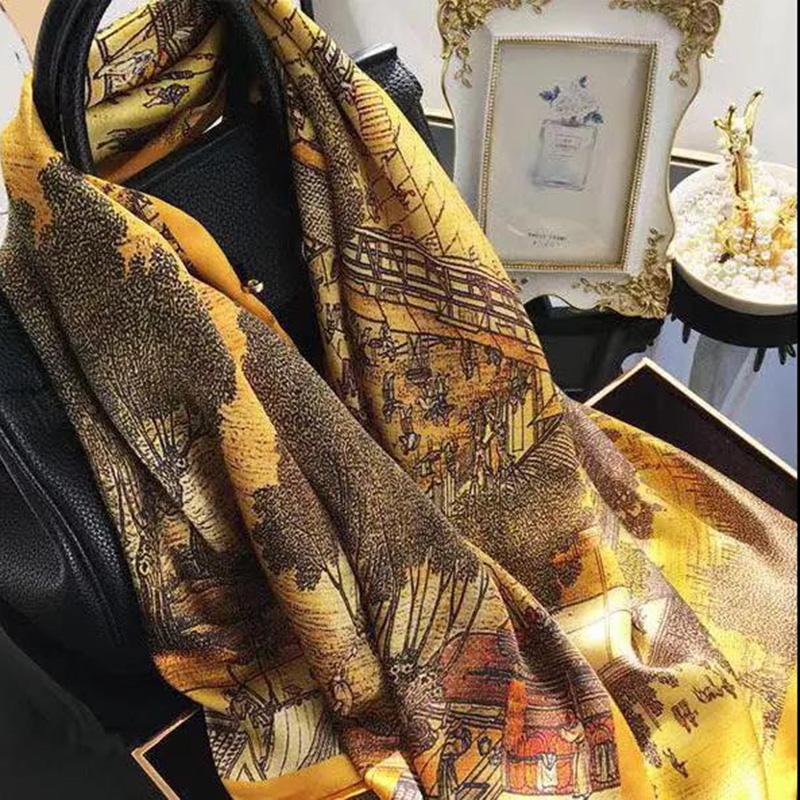 Chinese Painting Style Scarf Flower Wrap Shawl Silk Imitation Satin Women Elegant All-match Headscarf Sunscreen Gauze Shawl