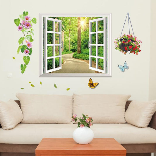 Tree-lined false window home wall sticker Window garden wall decoration background sticker wallpaper