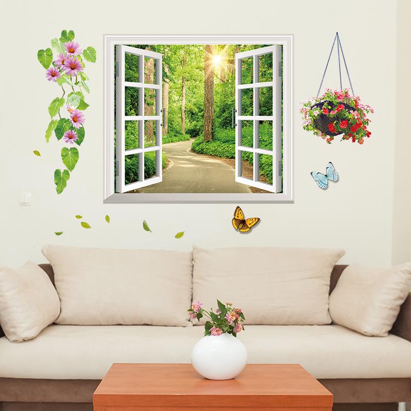 Tree-lined false window home wall sticker Window garden wall decoration background sticker wallpaper