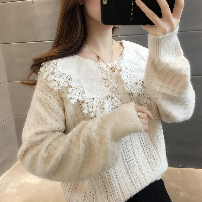 Spring and Autumn Loose Sweater Outer Wear Doll Collar Knitted Top Cute Style Lace Collar Female Sweater