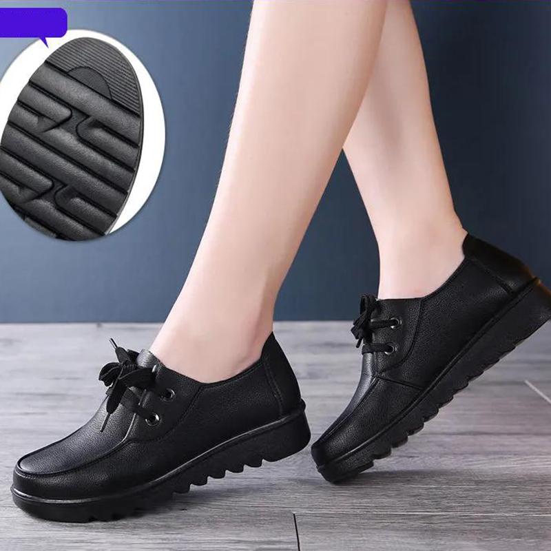 Non-slip Work Shoes Ladies Black Leather Shoes Comfortable and Soft Restaurant Kitchen Middle-aged Mother Shoes Single Shoes Flat