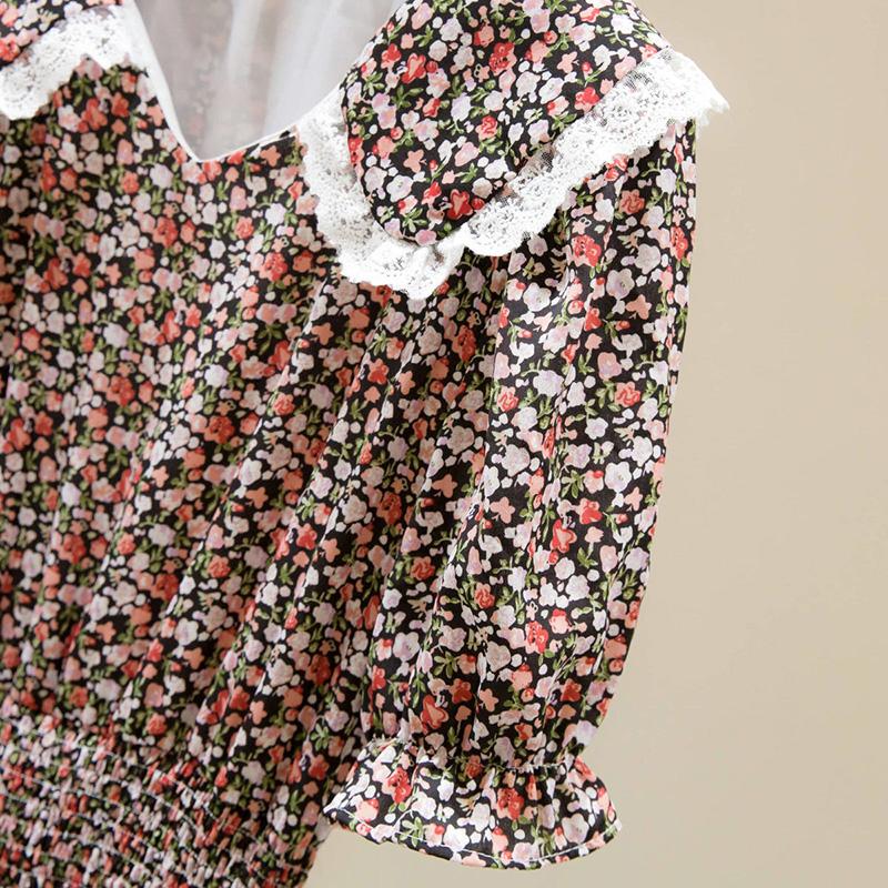 Women's Summer Dress with Waist and Thin French Retro Style Elegant and Sweet Chiffon Floral Mid-length Skirt Fabric Light and Breathable