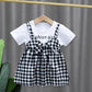 Children Dress Spring Summer Round Neck Kids Clothing Toddler Baby Girls Clothing Plaid Bow Pieated Short Sleeve Dress Girl