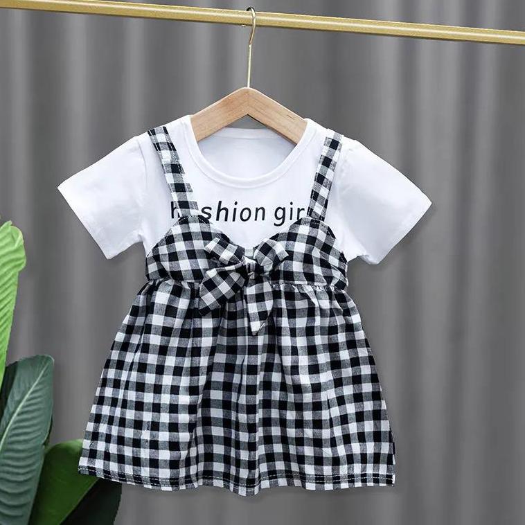 Children Dress Spring Summer Round Neck Kids Clothing Toddler Baby Girls Clothing Plaid Bow Pieated Short Sleeve Dress Girl
