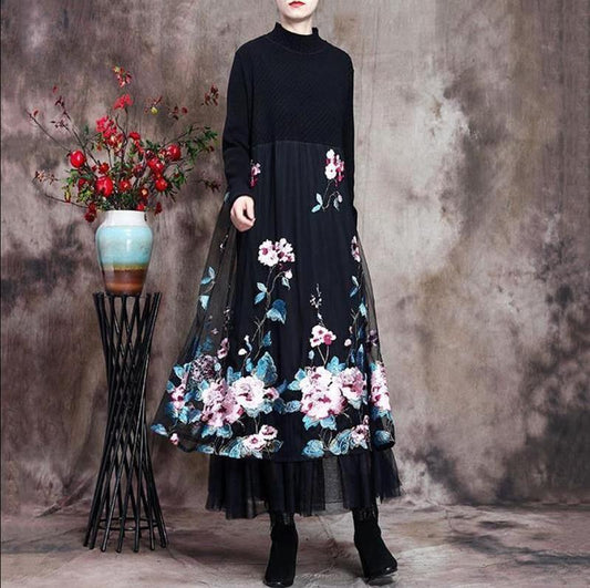 Autumn and Winter Bottoming Skirt Mid-length Retro Ethnic Embroidery Knitted Sweater Dress Long-sleeved Half-high Collar Lace Skirt