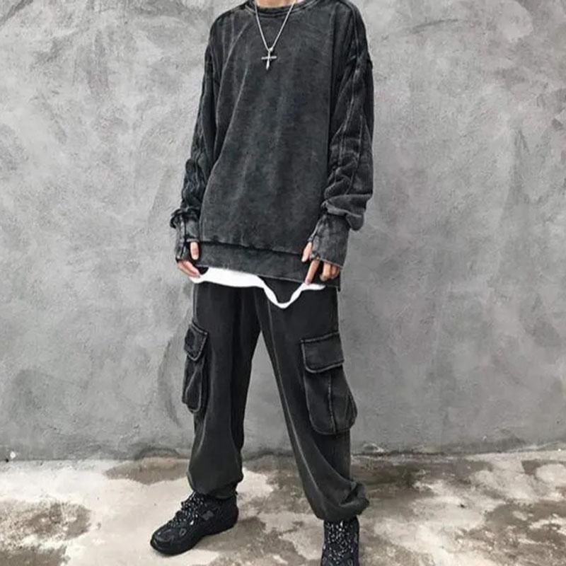 Sweater Men's Autumn and Winter Sleeves Oversize Drop Shoulders Retro Washed Solid Color Top Loose Casual Cool Men's Tops