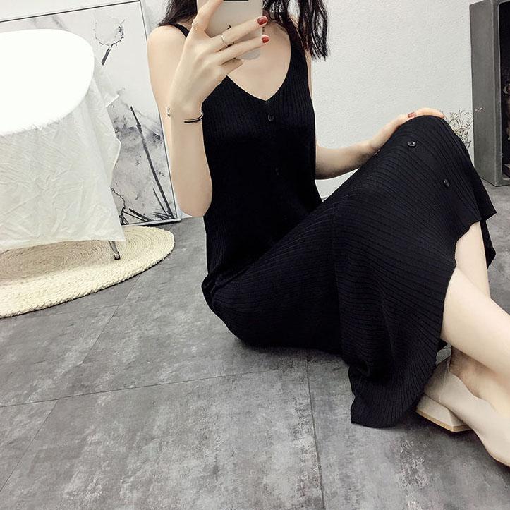 Women's Summer Korean Version Loose Knit Cool V-neck Sleeveless Mid Length Vest Suspender Dress