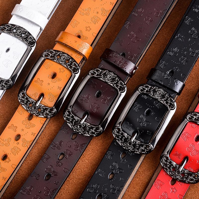 Belt New Retro Cowhide Leather Belt Women Fashion Embossing Pin Buckle Casual Jeans Wide