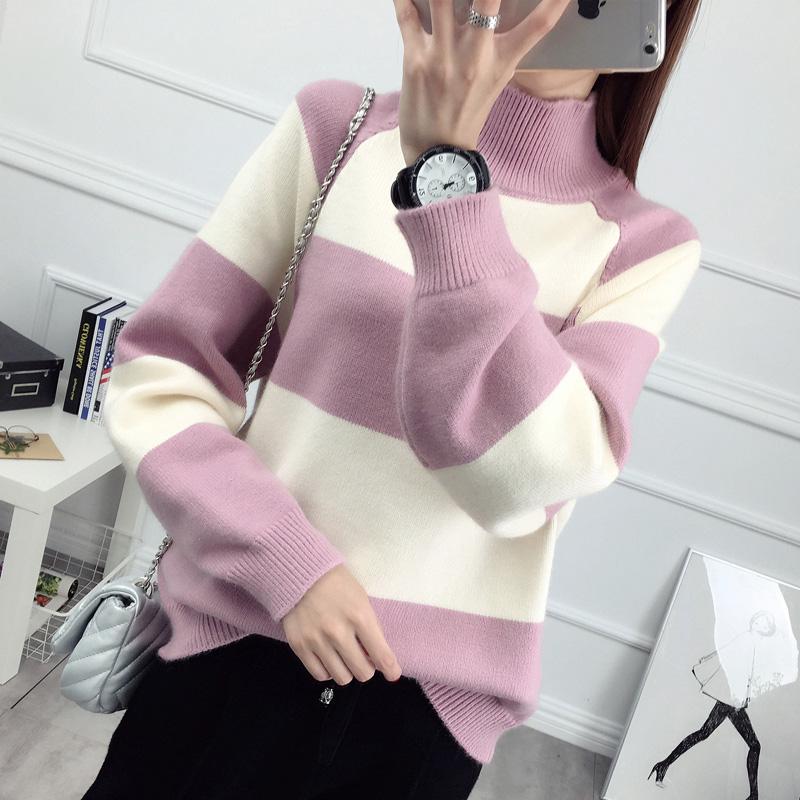 Half Turtleneck Pullover Black and White Striped Sweater Autumn and Winter Loose Short Bottoming Shirt Student Thickening Ladies Blouse