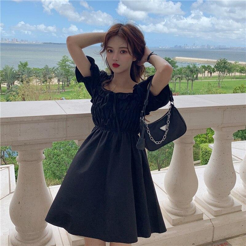 Summer Backless Pleated Ruffle Square Neck Bubble Sleeve Dress A-line Pure Black Casual Dress