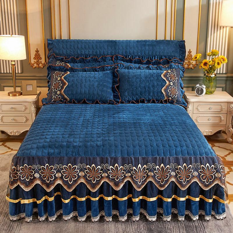 3pcs/set Warm Crystal Velvet Bed Skirt Autumn and Winter Thickening Plus Velvet Non-slip Bedspread Lace Large Bed Sheet