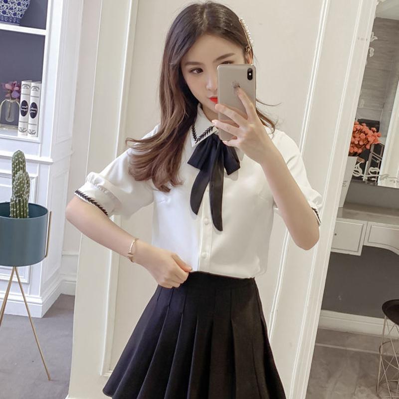 Chiffon Shirt Women's Short-sleeved Bowknot Niche Loose Casual Chiffon Shirt Sweet and Cute Loose Casual Shirt Fabric Light and Breathable