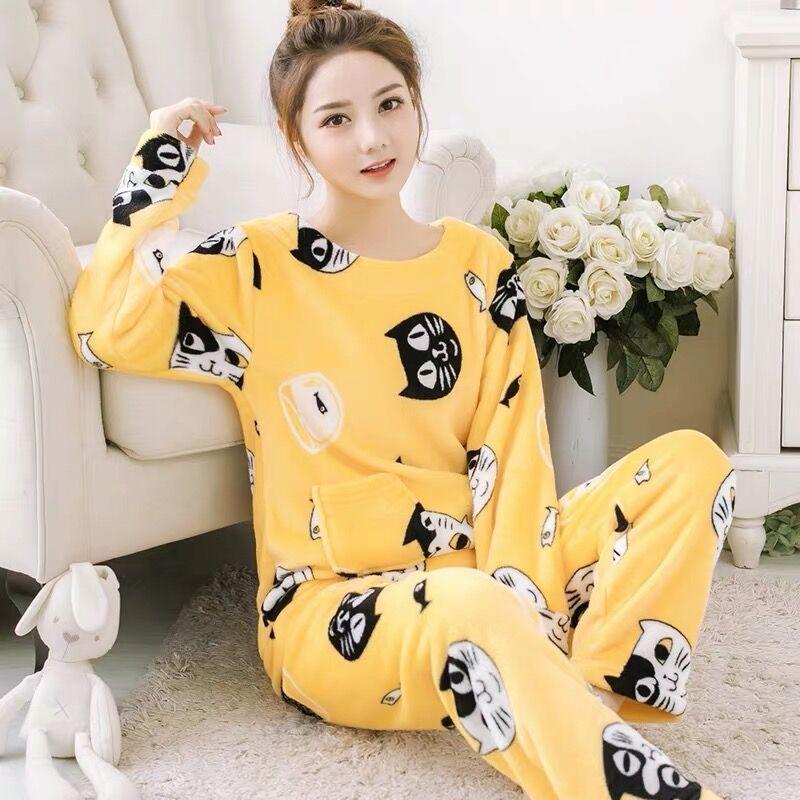 Autumn and Winter Thick Korean Flannel Ladies Pajamas Coral Fleece Loose Casual Cute Plus Size Home Service