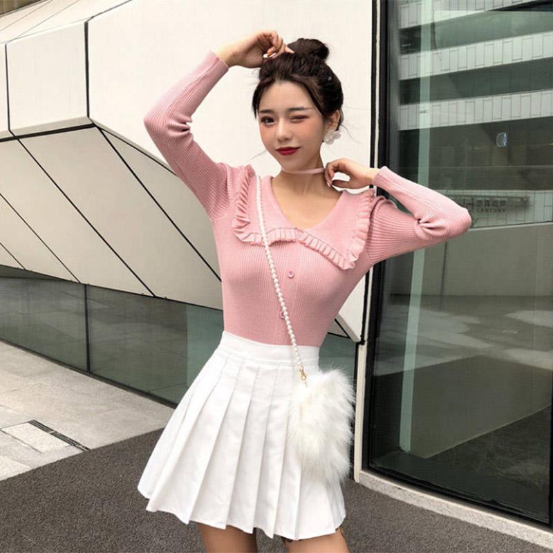 Pofulove Winter Retro Fungus V-neck Pullover Sweater Slim Long-sleeved Solid Color Shirt Shirt Women
