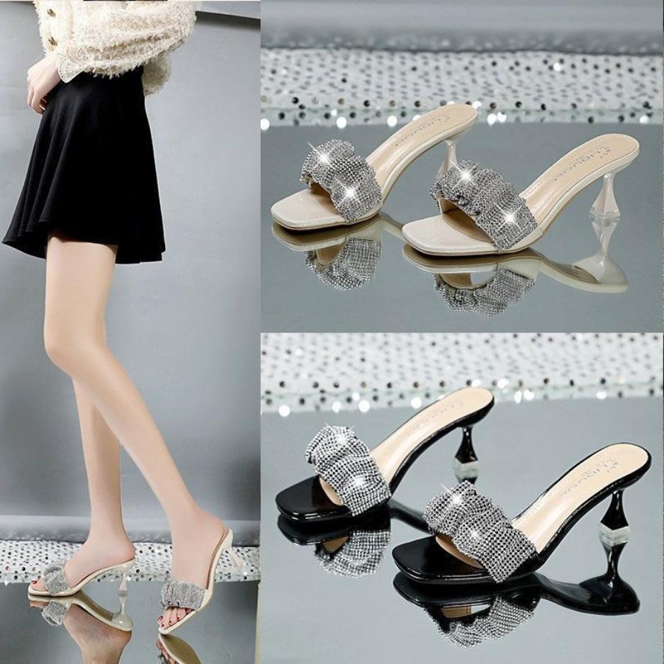 High-heeled Slippers Women's All-match Rhinestone Sandals and Slippers Temperament Stiletto Medium Heel Flip Flops
