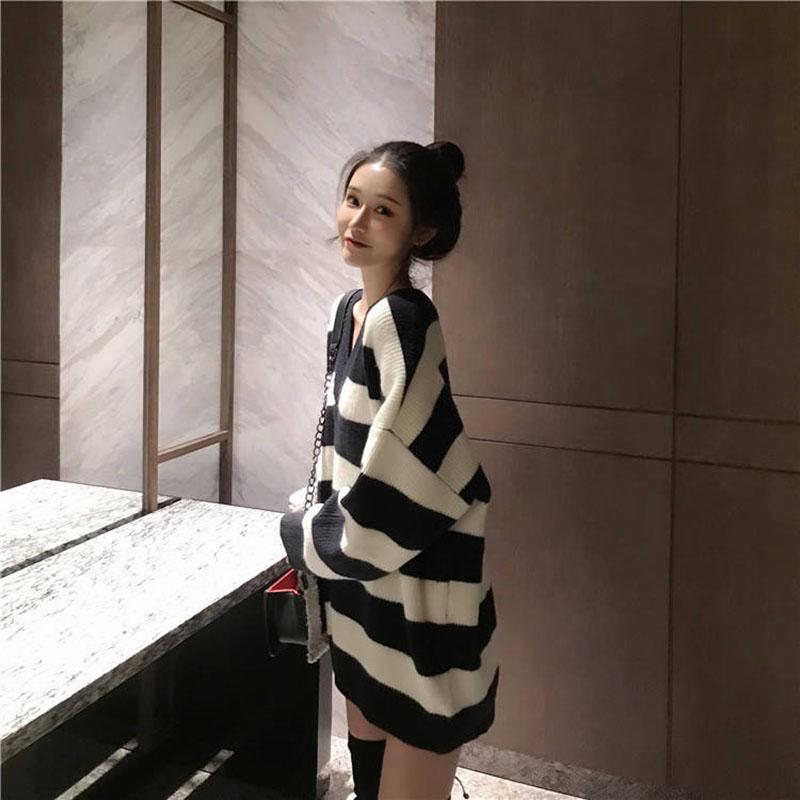 Autumn and Winter Long Thick Sweater Casual V-neck Loose Top All-match Knitted Women Sweater
