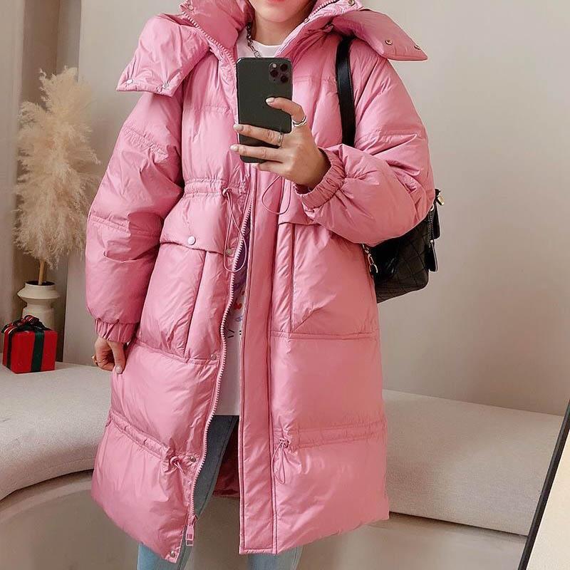 Women's Down Jacket Over-the-knee White Duck Down Mid-length Padded Waist Hooded Jacket