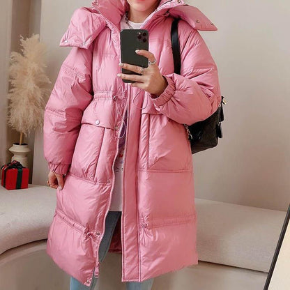 Women's Down Jacket Over-the-knee White Duck Down Mid-length Padded Waist Hooded Jacket