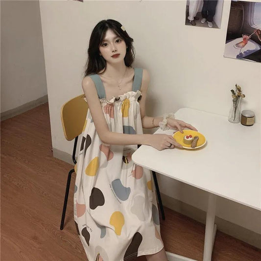 Cute Girls Women's Summer Dress Printing Knee-length Daily Wear Nightdress Pajamas