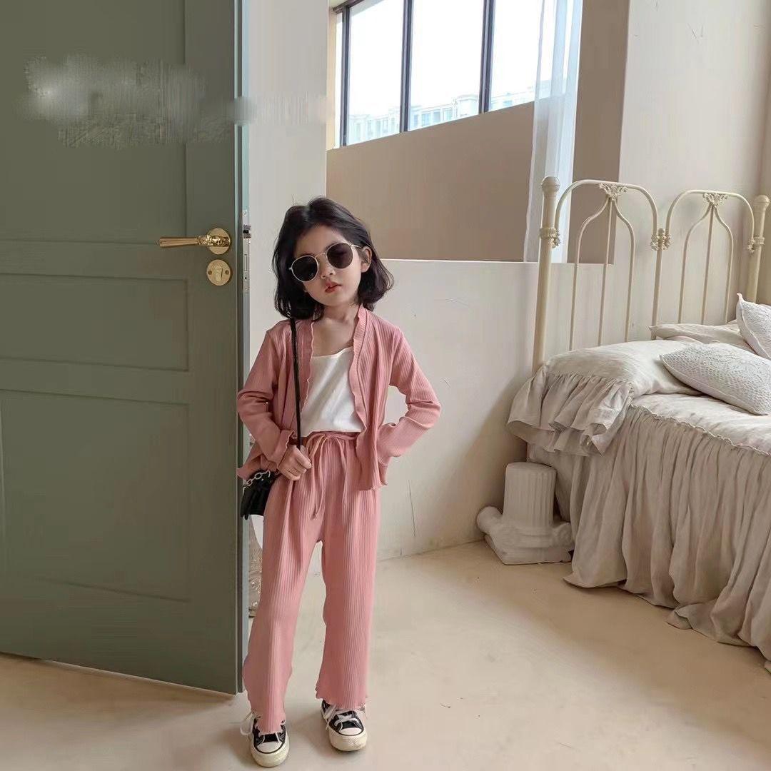 Girls' Suit Spring Clothes Children's Foreign Style Long Sleeve Cardigan Coat Baby Leisure Wide Leg Pants Two Piece Set
