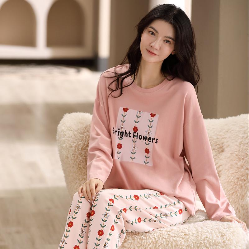 Women's Pajamas Suit Cotton Long Sleeve Home Wear Casual Loose Sleepwear Autumn Winter Female Pyjamas Tops and Pants Sets Cute Pullover