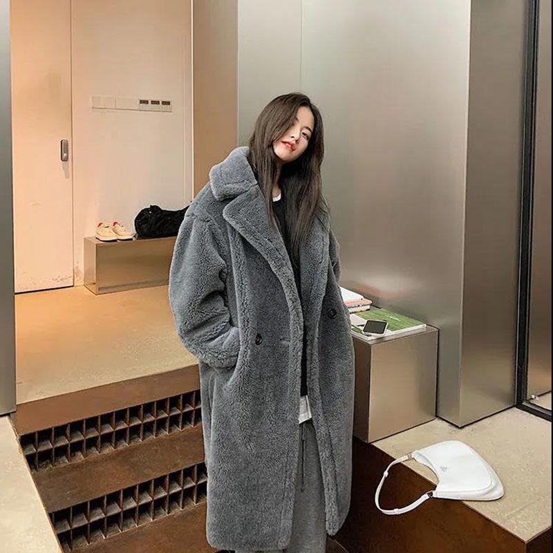 Winter Plush Lamb Velvet Jacket Fashion V-neck Warm Fleece Thickened and Long Windproof Women’s Jacket