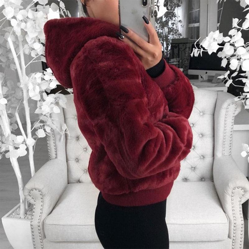 Women's Autumn and Winter Jacket Hooded Bunny Fur Grass Short Coat Female Long Sleeve Solid Color Warm