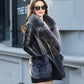 Winter Women's Mid-length Leather Jacket Plus Cotton and Velvet Warm Fur Coat with Faux Fox Fur Collar Windproof Leather Trench Coat Plus Size S-7XL
