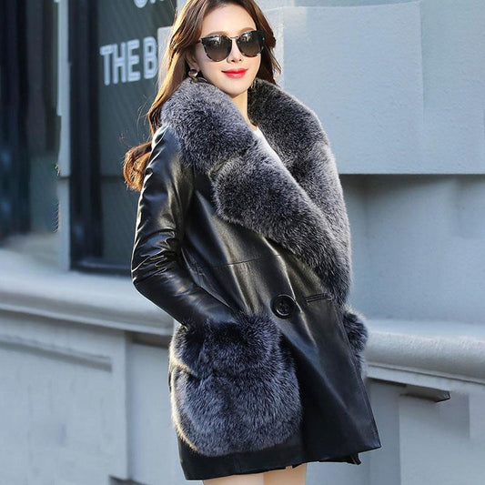 Winter Women's Mid-length Leather Jacket Plus Cotton and Velvet Warm Fur Coat with Faux Fox Fur Collar Windproof Leather Trench Coat Plus Size S-7XL