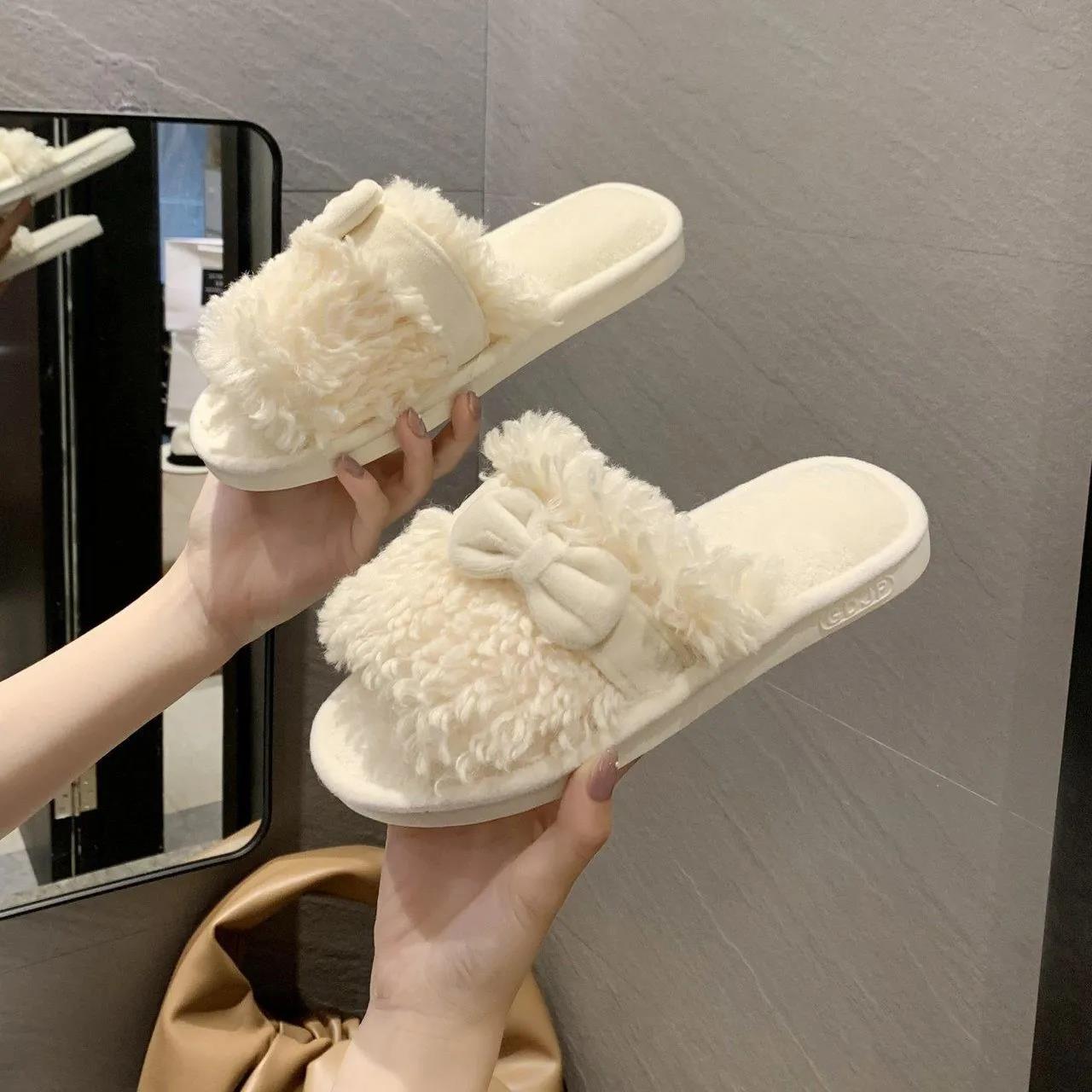 Women's Autumn and Winter Fashion Cotton Slippers with Bow Design Slippers Indoor and Outdoor Casual Flat Shoes Soft Shoes