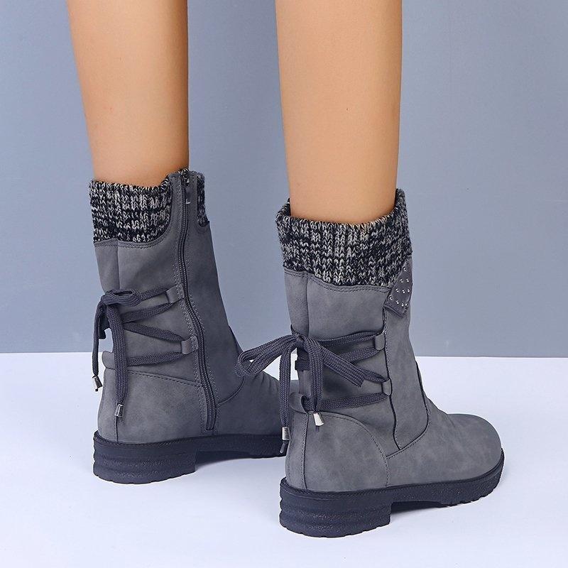 Women's Winter Warm Calf Boots Casual Snow Boots Leather and Sweater Bandage Boots Cowgirl Boots