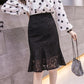 Spring Summer Women Lace Skirts Fashion Solid Casual Mesh Tulle Skirt Hollow Out Short Pencil Elegant Elastic Black/Apricot Skirt