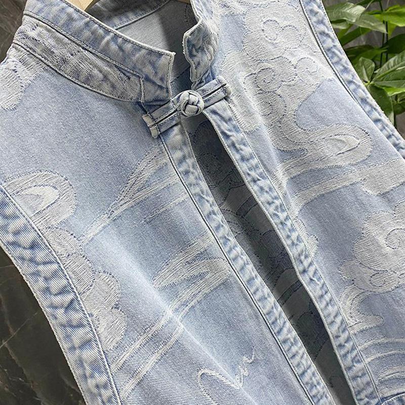 Retro Chinese Style  Women's Denim Vest Sleeveless Spring and Summer Loose Casual Coat Irregular