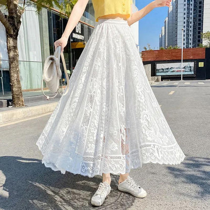 Women Lace Skirt Mid-length A-line Skirt Plus Size Summer Ruffled Elastic Waist Sandy Beach Vacation Daily