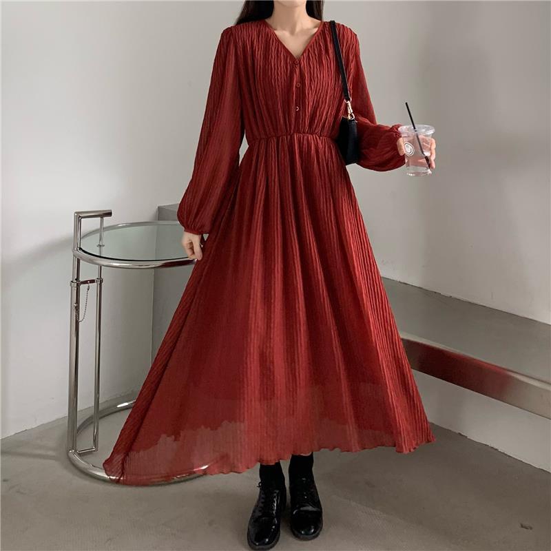 Spring Summer Women's Knee-length Dress French Gentle Wind V-neck Chiffon Solid Color Long-sleeved Dress