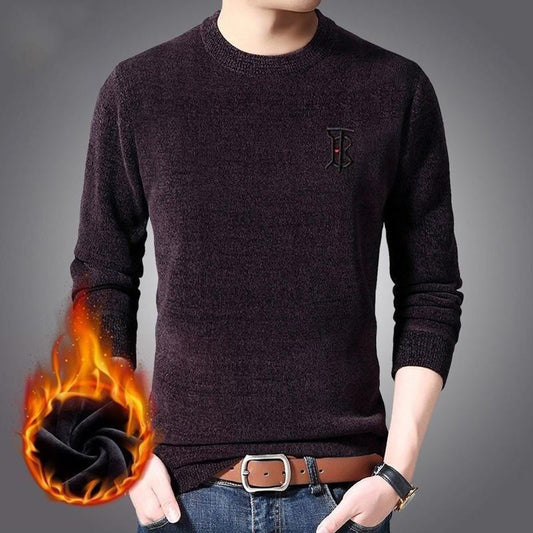 Sweater Young and Middle-aged Plus Velvet Thick Solid Color Warm and Comfortable Winter Round Neck Pullover Men's Bottoming Shirt