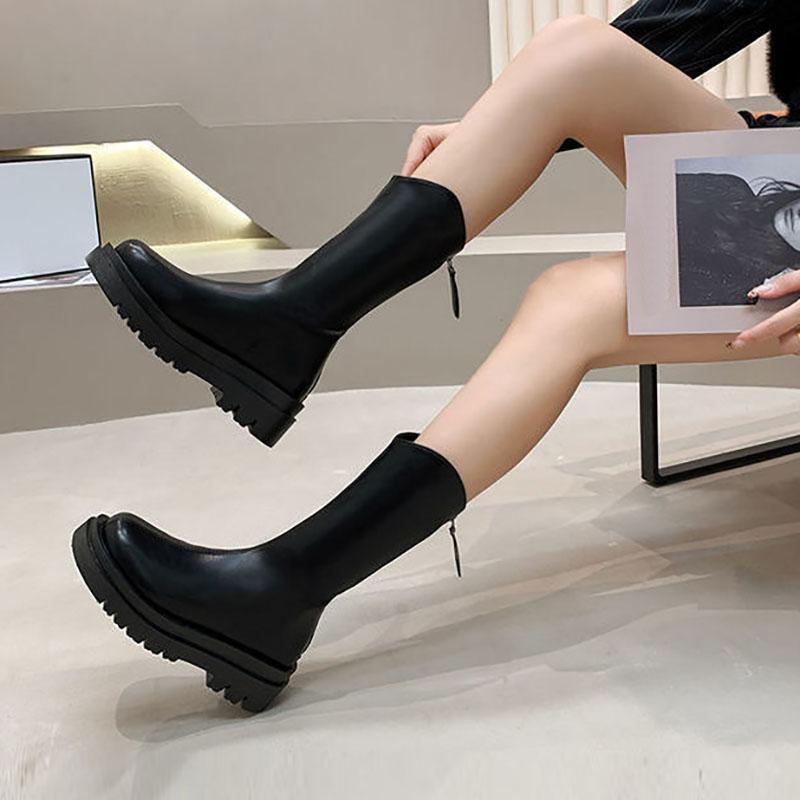 Chelsea Boots Mid-tube Boots Plus Velvet Snow Boots British Style Martin Boots Thick-soled Winter Boots Autumn and Winter
