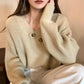 Women's V-neck Sweater Autumn and Winter Loose Outer Wear Lazy Style Solid Color Knit Sweater Pullover Mid-length Top