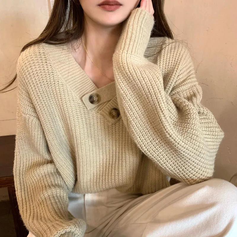 Women's V-neck Sweater Autumn and Winter Loose Outer Wear Lazy Style Solid Color Knit Sweater Pullover Mid-length Top