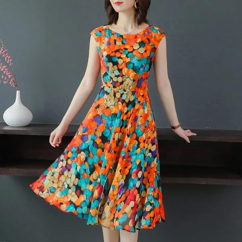 Printed Sleeveless Round Neck Dress Summer Loose Mid Length Women's Skirt