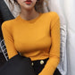 Long Sleeve Cotton T-shirt Women's Spring and Summer Sexy Slim Shirt Short Round Collar Top